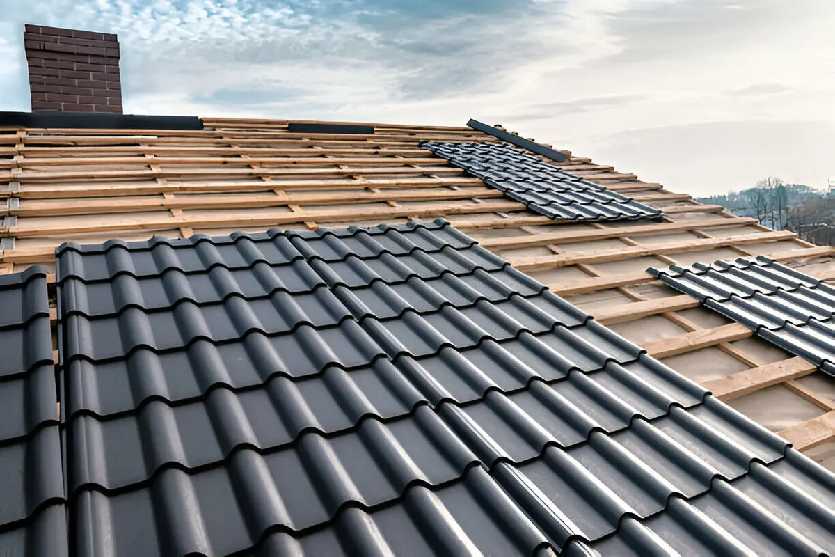Roof being stripped back to battens with new tiles being laid