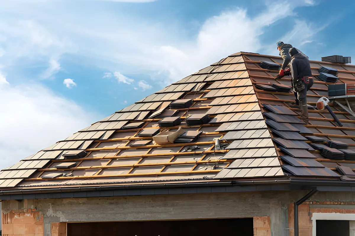 Roofer working on a tiled roof stripped back after damage